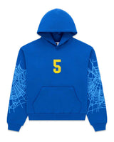 Sp5der Wait 5 Hoodie blue, royal blue fleece hoodie with a yellow 5 on the chest, front view