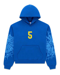 Sp5der Wait 5 Hoodie blue, royal blue fleece hoodie with a yellow 5 on the chest, front view