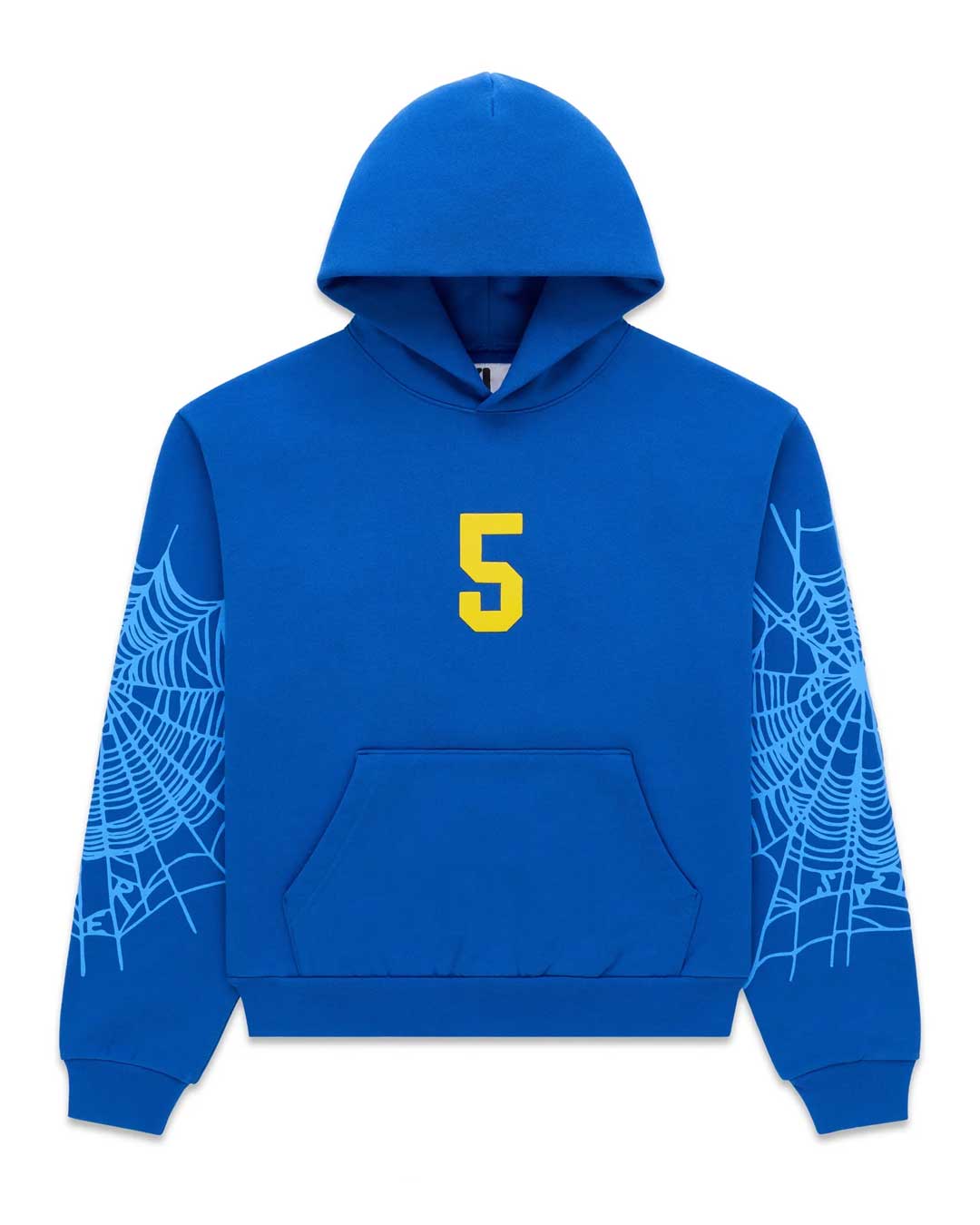 Sp5der Wait 5 Hoodie blue, royal blue fleece hoodie with a yellow 5 on the chest, front view