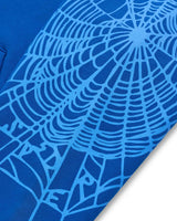 Sp5der Wait 5 Hoodie blue, close-up of the light blue spiderweb print on the sleeve