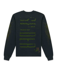 Sp5der Wait L/S Tee black, back view with stacked green distressed print and tonal sleeve prints