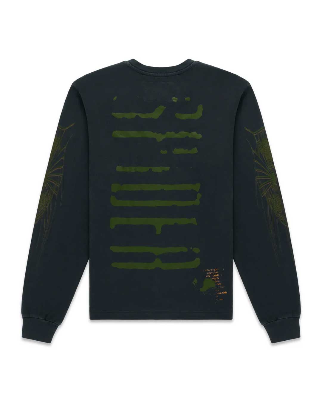 Sp5der Wait L/S Tee black, back view with stacked green distressed print and tonal sleeve prints