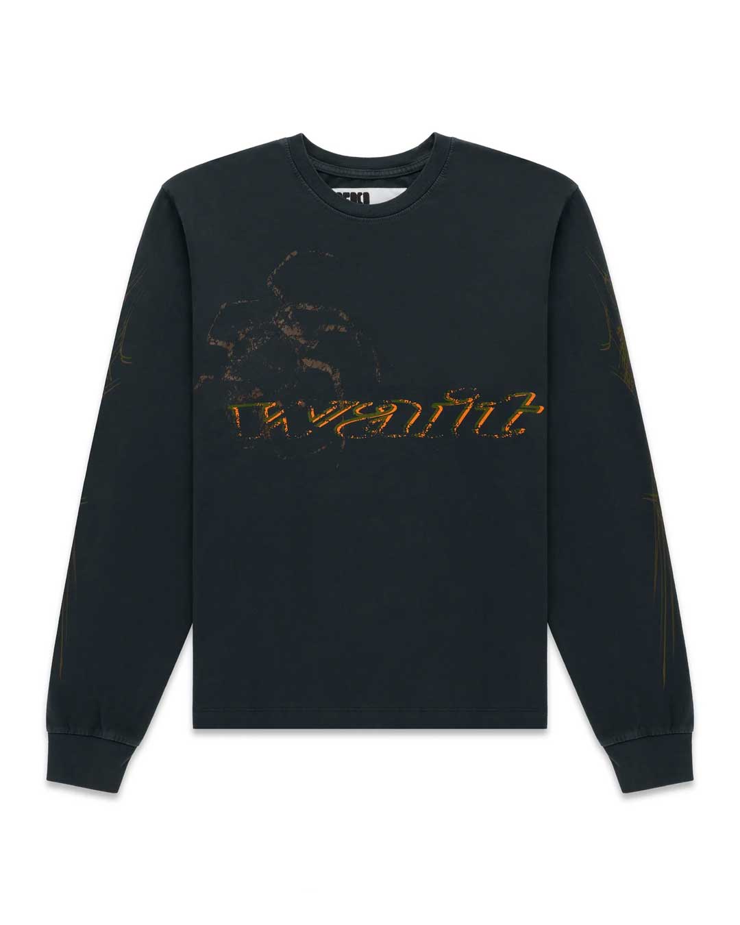 Sp5der Wait L/S Tee black, long sleeve with gold script lettering across the chest, front view