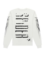 Sp5der Wait L/S Tee white, stacked smeared black lettering with spiked web graphics down the sleeves, back view