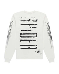 Sp5der Wait L/S Tee white, stacked smeared black lettering with spiked web graphics down the sleeves, back view