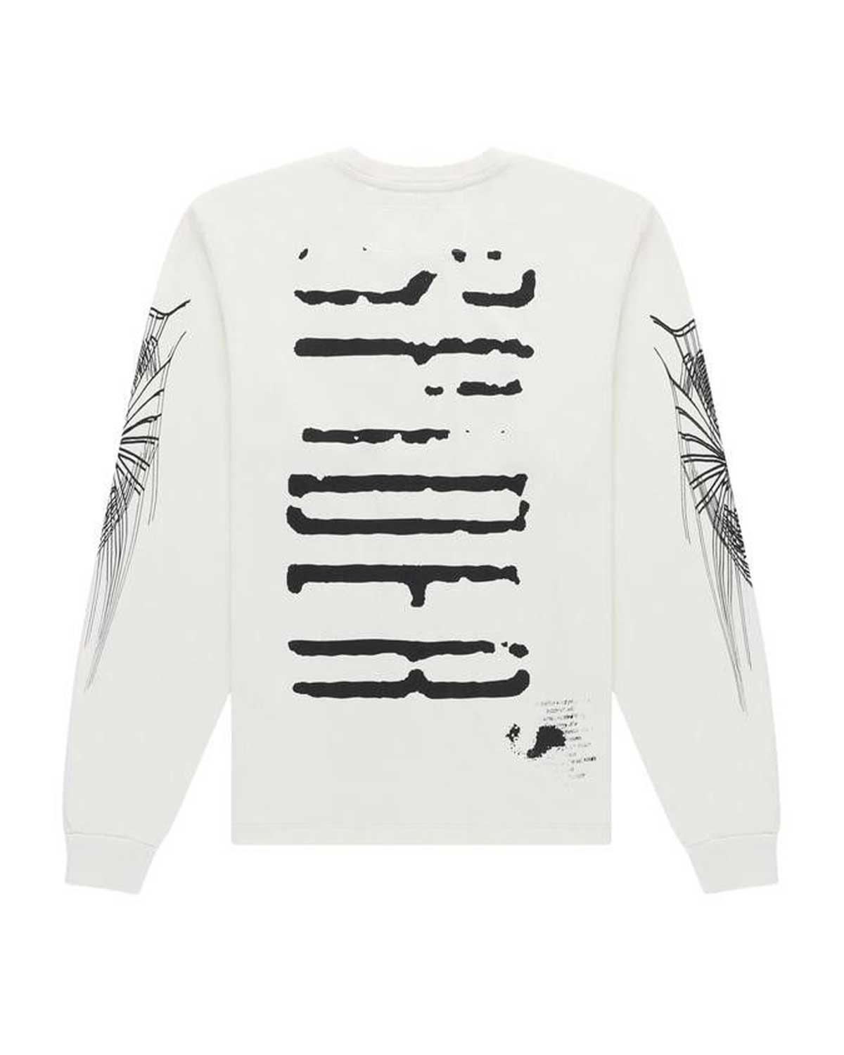Sp5der Wait L/S Tee white, stacked smeared black lettering with spiked web graphics down the sleeves, back view