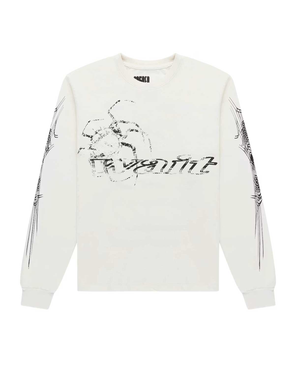 Sp5der Wait L/S Tee white, cream long-sleeve T-Shirt with blurred spider and smeared wait script, front view