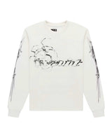 Sp5der Wait L/S Tee white, cream long-sleeve T-Shirt with blurred spider and smeared wait script, front view