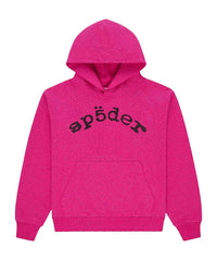 Sp5der Webstone AOP Rhinestone Hoodie pink, hot pink hoodie covered in tonal rhinestones with a black arched sp5der wordmark, front view
