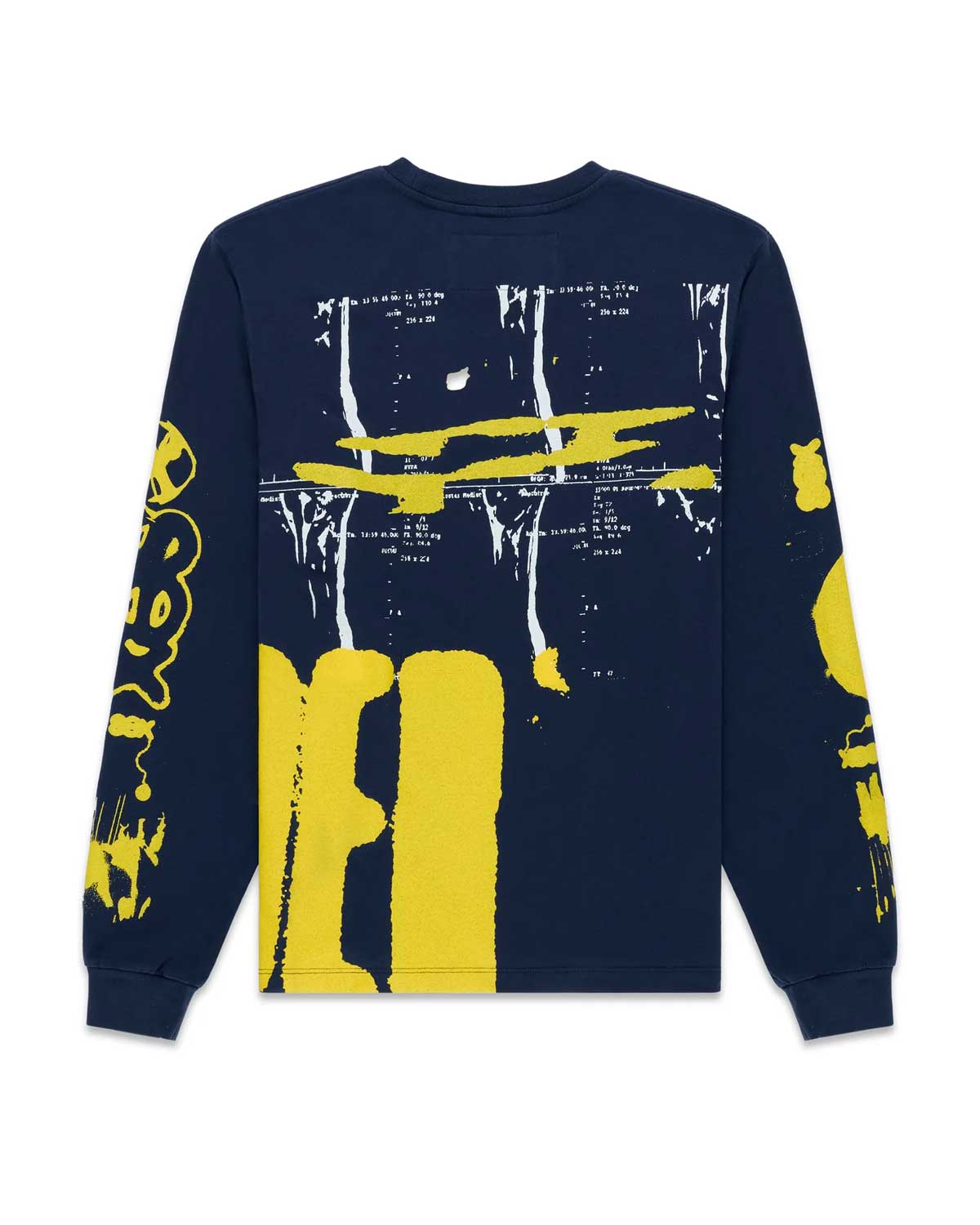 Navy long-sleeve shirt with yellow abstract designs on a white background