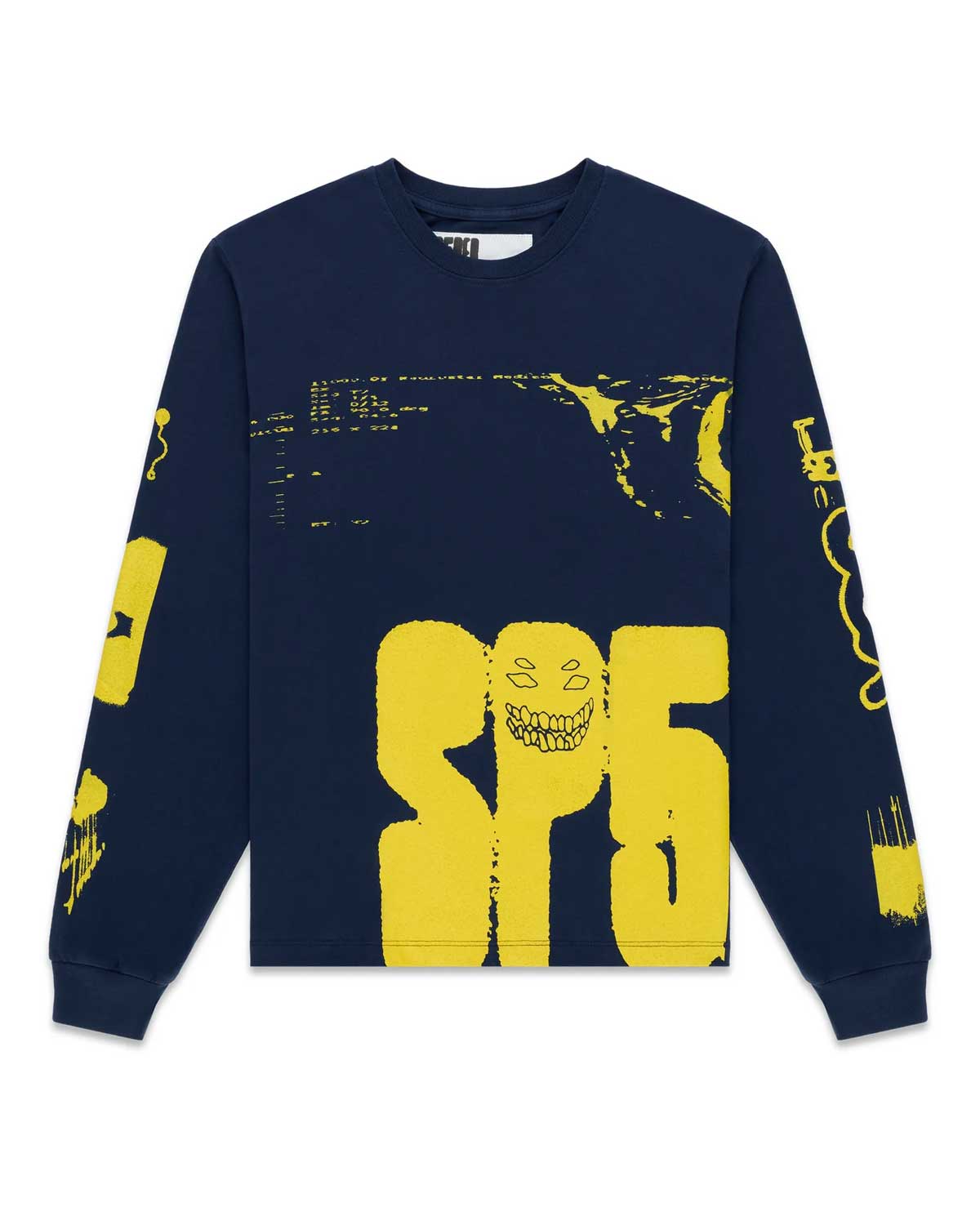 Navy blue sweatshirt with yellow graphics and text on a white background