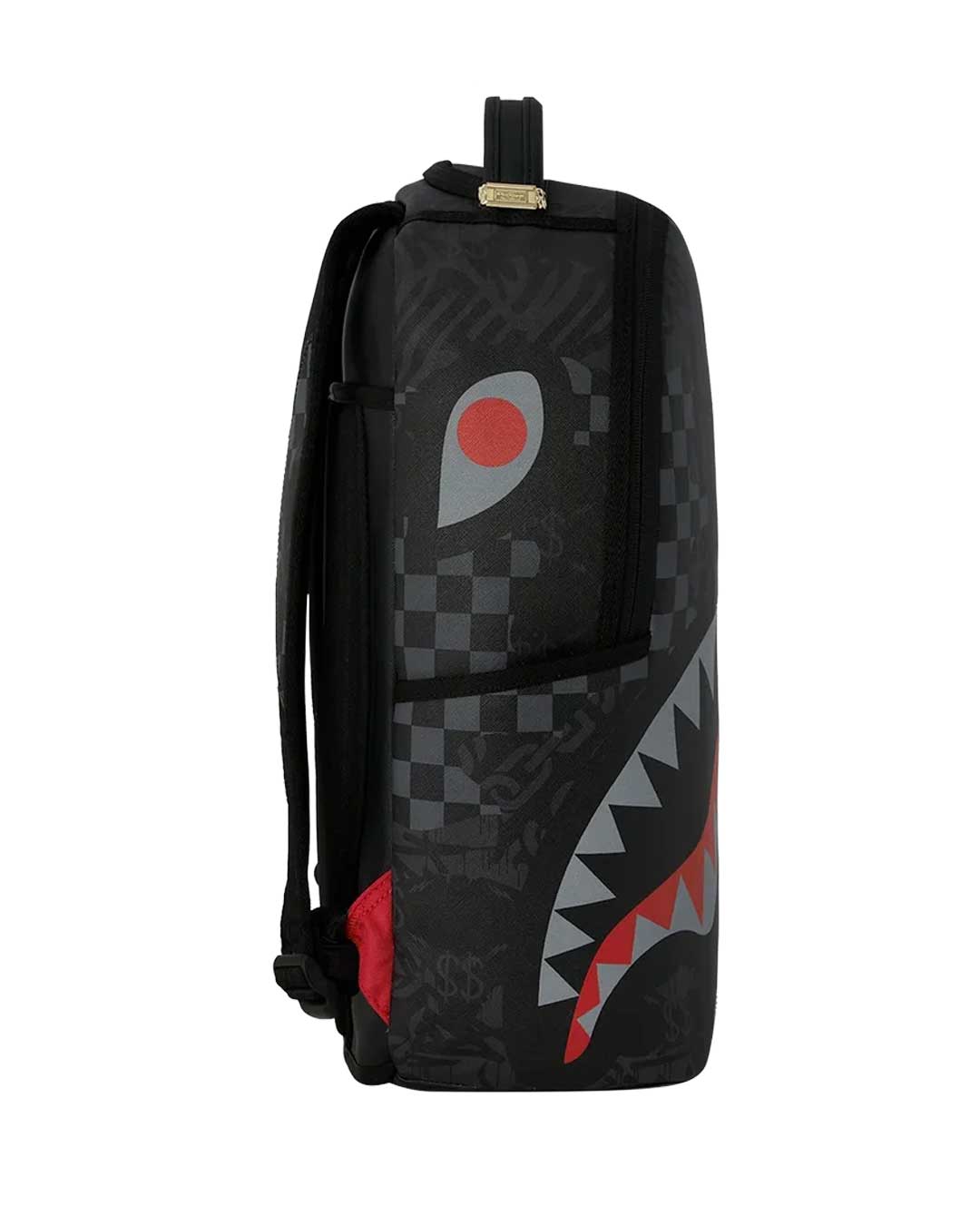 Sprayground 4AM Red Shark Backpack, full side profile