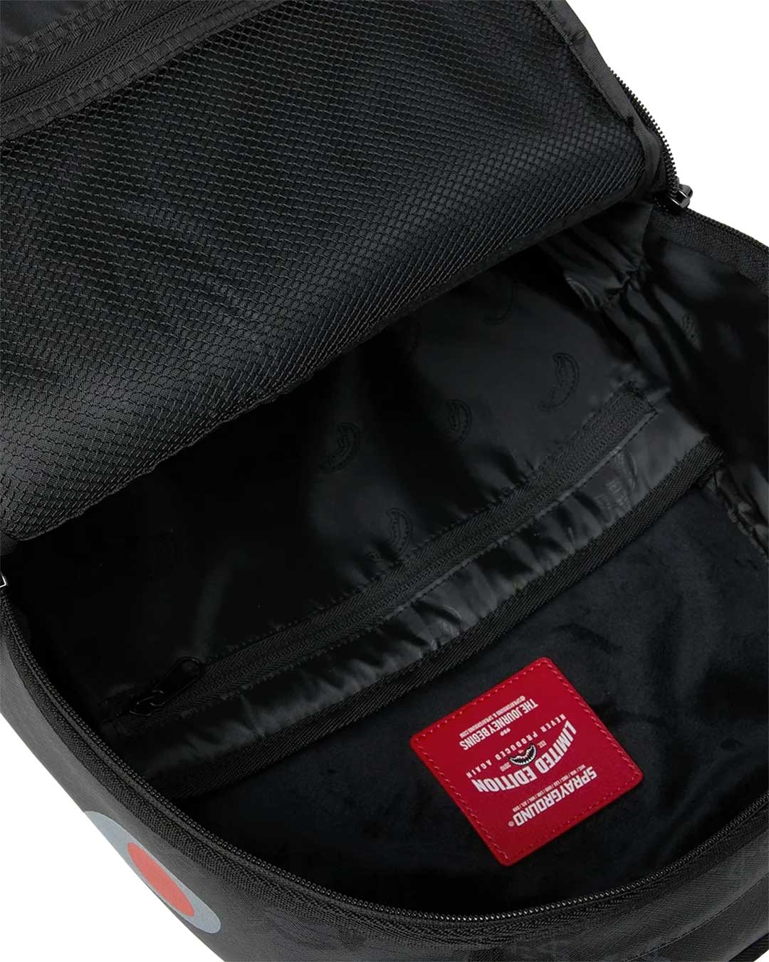 Sprayground 4AM Red Shark Backpack, interior lining and compartments