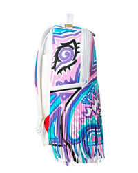 Sprayground AI Fringe Backpack, side view of the pastel print