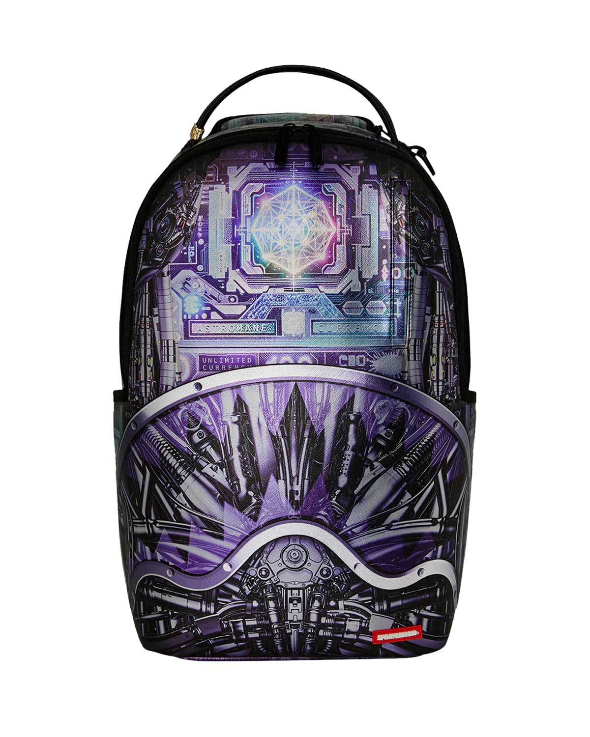 Sprayground Astromane Currency Backpack, sci-fi banknote print with glowing hologram core and chrome shark mouth, front view