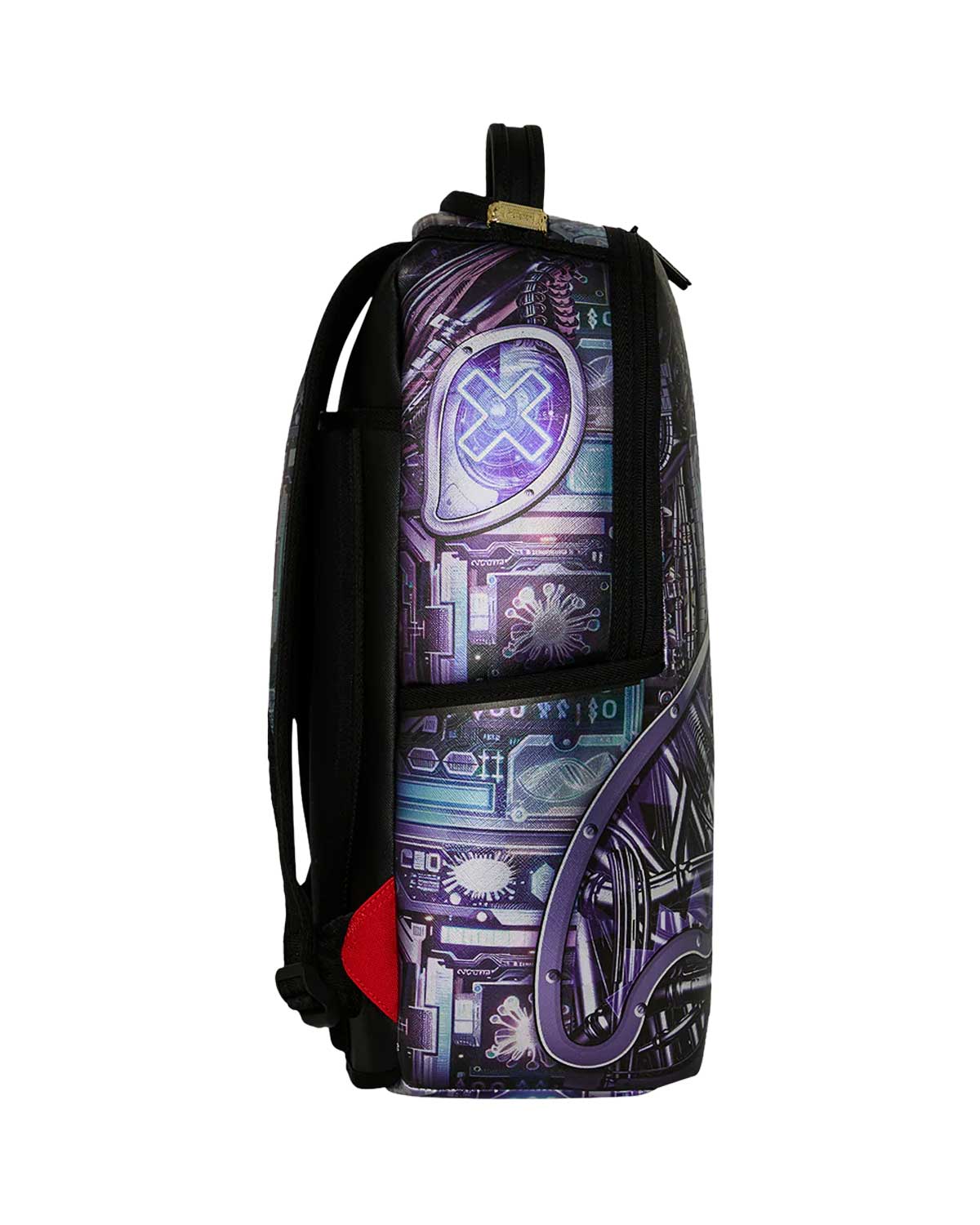 Sprayground Astromane Currency Backpack, side view of the circuitry print
