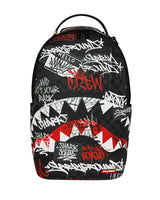 Sprayground Branded Bandit Backpack, black checkerboard backpack covered in white and red graffiti tags, front view