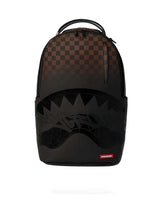 Sprayground Brown Check Ghost Drip Backpack, brown check fading to black with glossy graffiti shark mouth, front view