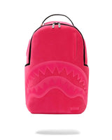 Sprayground Candy-Raver Shark Backpack, hot-pink plush backpack with tonal embossed shark mouth, front view