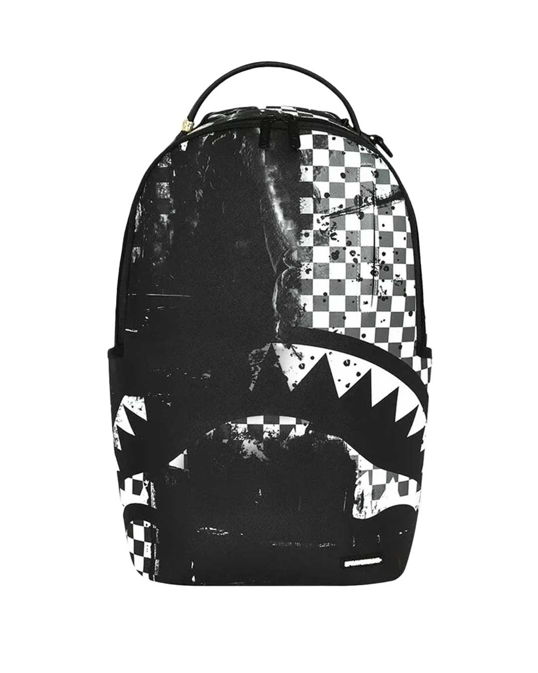 Sprayground Canvas Chaos Backpack, black and white distressed checkerboard backpack with shark mouth, front view