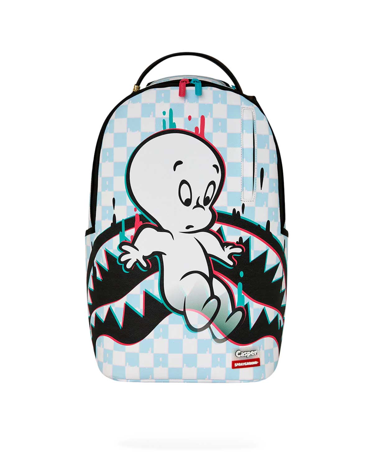 Sprayground Casper Fade Away Backpack, light-blue checkered backpack with Casper fading between drippy black shark jaws, front view