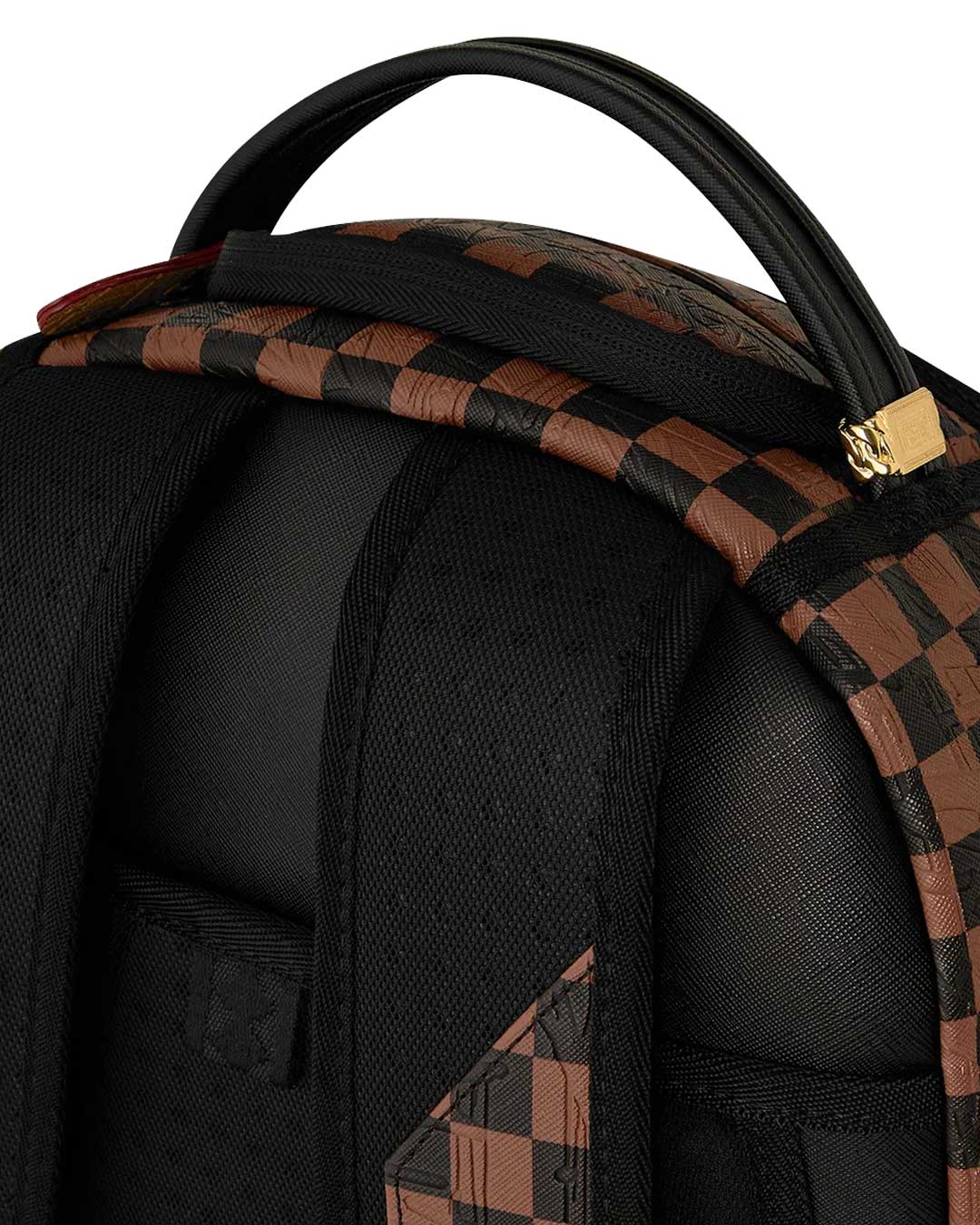 Sprayground Chess Not Checkers Backpack, close-up of the top carry handle