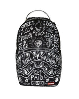 Sprayground Crazy Thoughts Backpack, black backpack covered in white marker doodles around a sketched shark mouth, front view