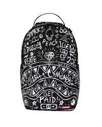 Sprayground Crazy Thoughts Backpack, black backpack covered in white marker doodles around a sketched shark mouth, front view