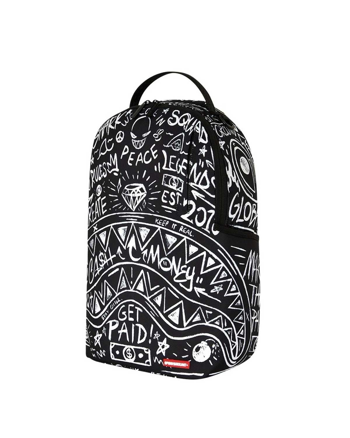 Sprayground Crazy Thoughts Backpack, side view of the doodle print