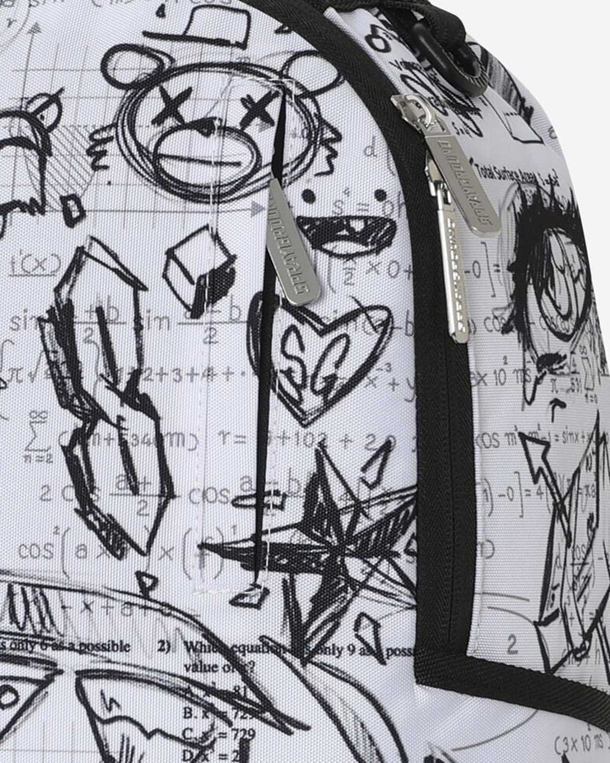 Sprayground Doodles Over Math Homework Backpack, close-up of the doodle detail
