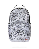 Sprayground Doodles Over Math Homework Backpack, math-worksheet print under black marker doodles and sketched shark mouth, front view