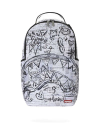 Sprayground Doodles Over Math Homework Backpack, math-worksheet print under black marker doodles and sketched shark mouth, front view
