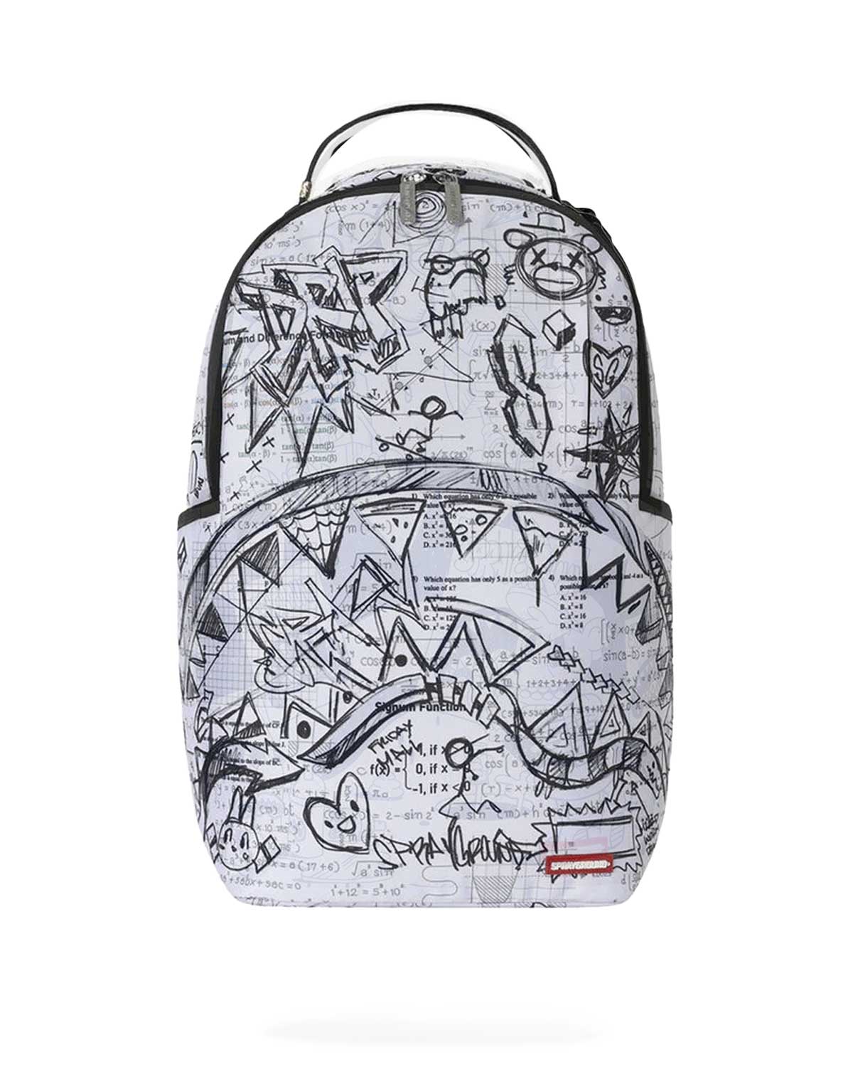 Sprayground Doodles Over Math Homework Backpack, math-worksheet print under black marker doodles and sketched shark mouth, front view