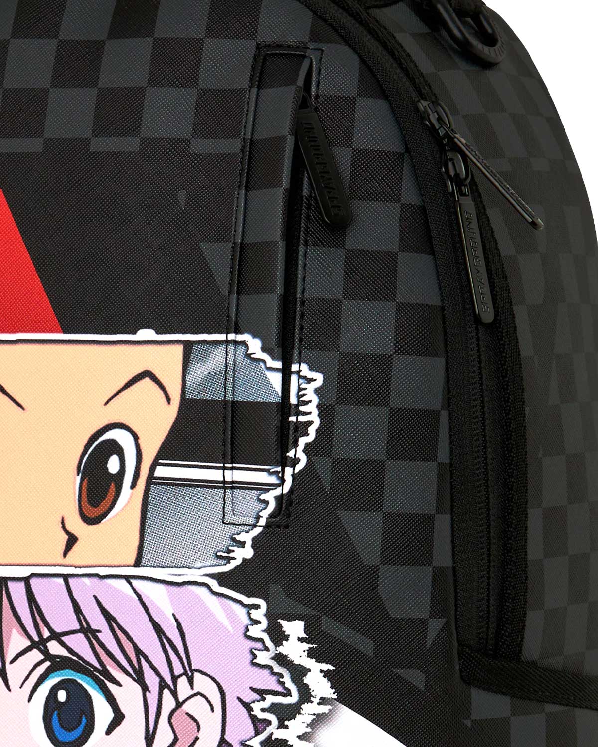 Sprayground Hunter X Hunter Mark X Backpack, close-up of the torn-strip character portraits