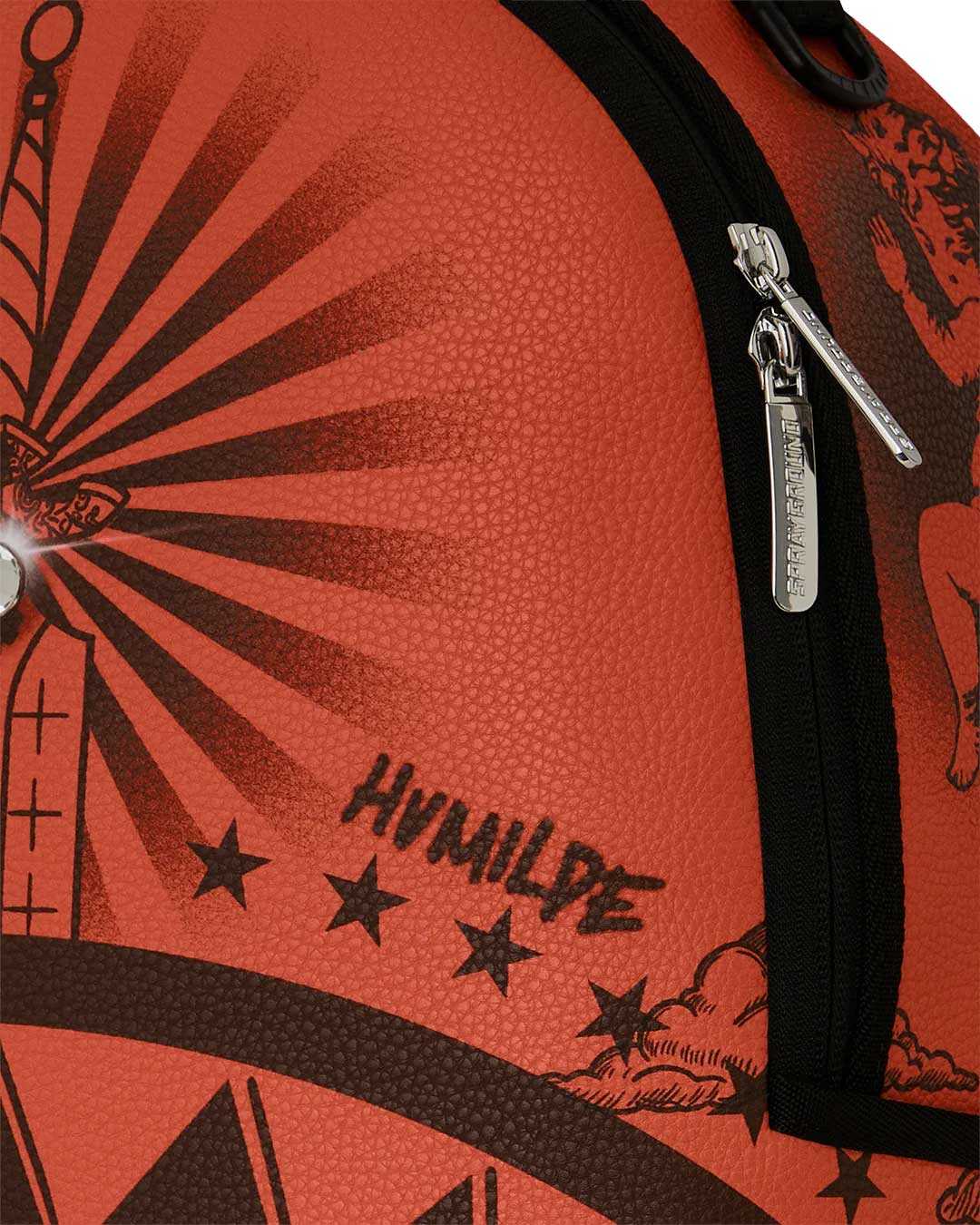 Sprayground Jon Z Tattoos Backpack red, close-up of the pebbled vegan leather texture