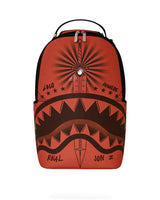 Sprayground Jon Z Tattoos Backpack red, burnt-red backpack with tonal tattoo-flash dagger and shark mouth artwork, front view