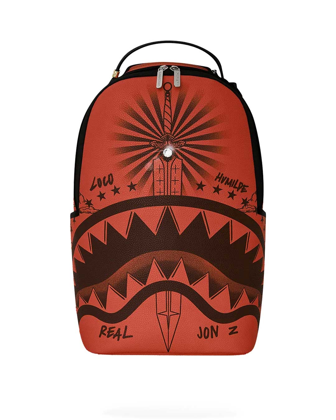 Sprayground Jon Z Tattoos Backpack red, burnt-red backpack with tonal tattoo-flash dagger and shark mouth artwork, front view