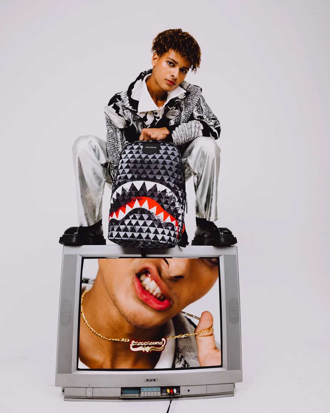 Sprayground Kahuku Niho Mano Backpack, worn by a model
