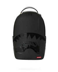 Sprayground Lux Black Ghost Drip Backpack, all-black textured backpack with glossy graffiti shark mouth, front view