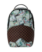 Sprayground Money Banks Backpack, backpack with photo-real cash stack print and brown checkerboard shark mouth, front view