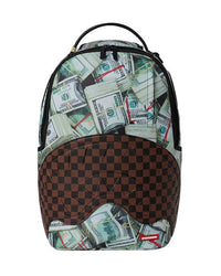 Sprayground Money Banks Backpack, backpack with photo-real cash stack print and brown checkerboard shark mouth, front view