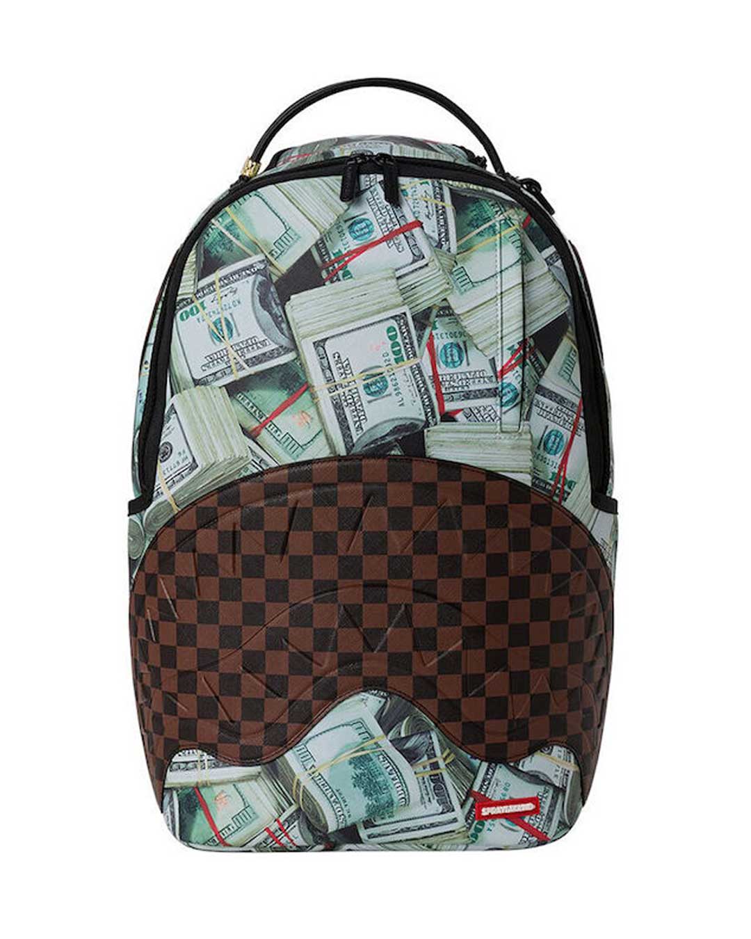 Sprayground Money Banks Backpack, backpack with photo-real cash stack print and brown checkerboard shark mouth, front view