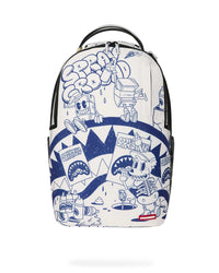 Sprayground Money Boys Poster Doodle Backpack, cream backpack with navy retro-cartoon doodles and shark-mouth posters, front view