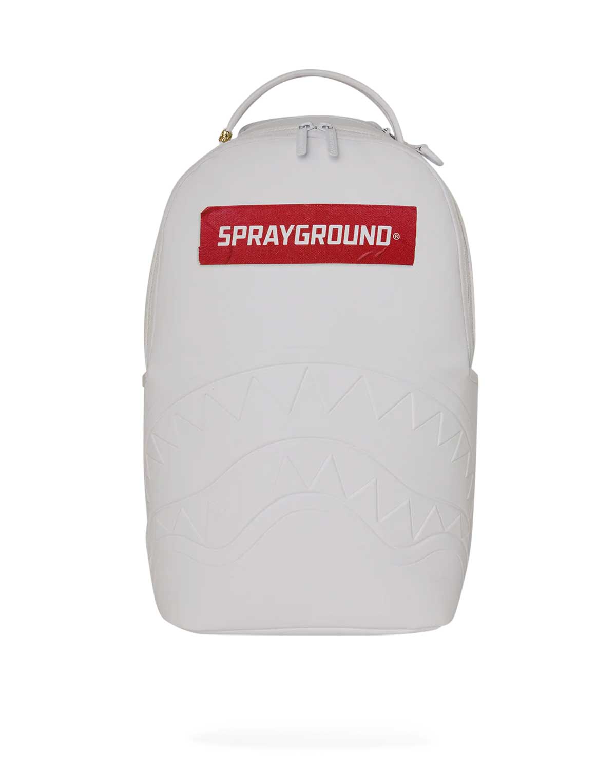Sprayground Money Trick Backpack White, all-white backpack with embossed shark mouth and red Sprayground logo panel, front view