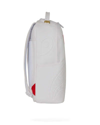Sprayground Money Trick Backpack White, side view of the embossed panels