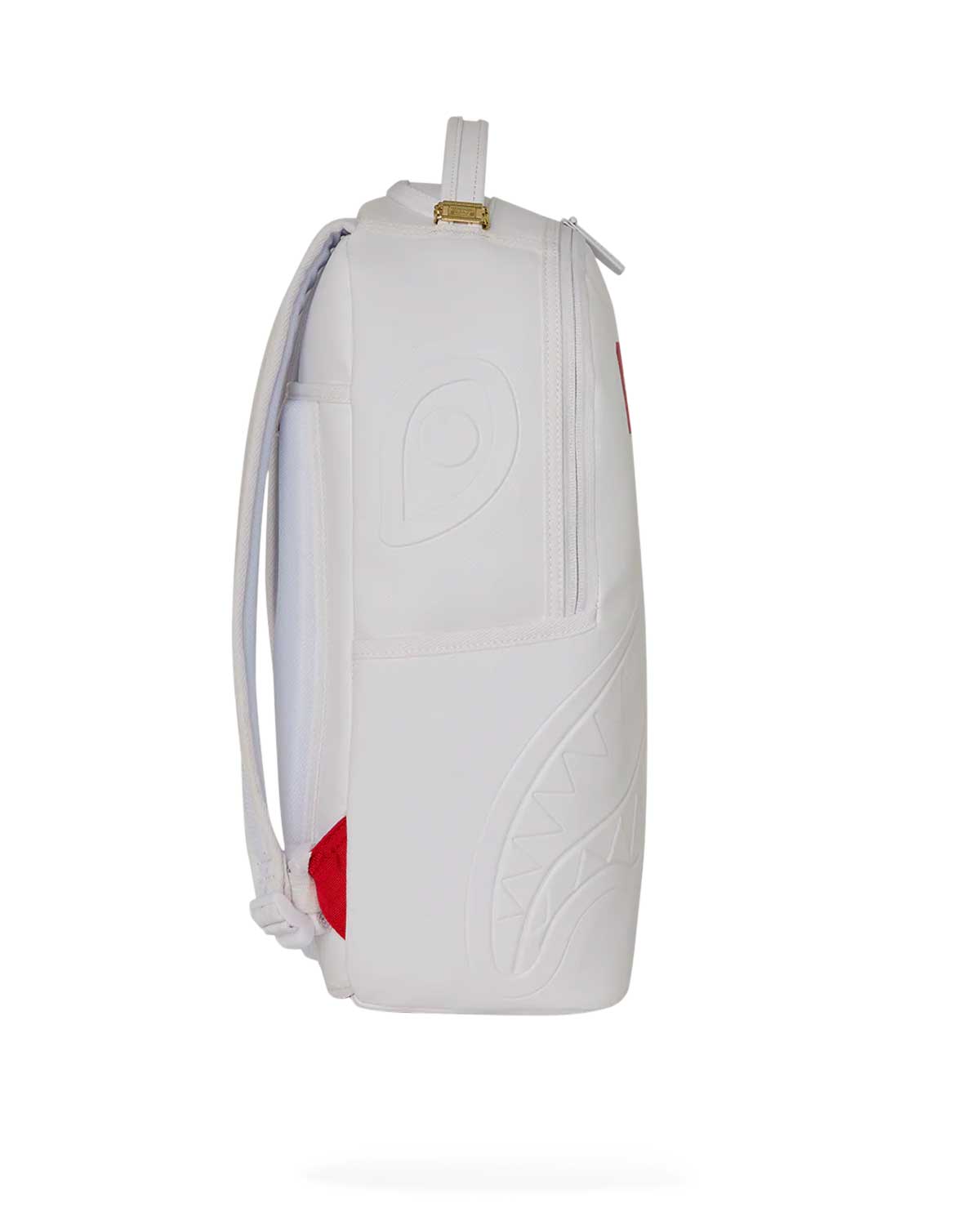 Sprayground Money Trick Backpack White, side view of the embossed panels