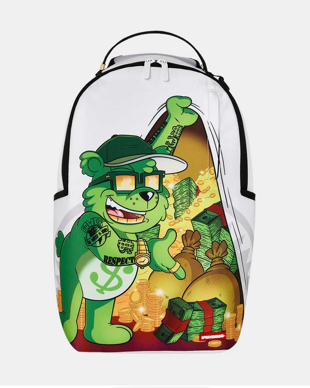 Sprayground Moneybear Stash Backpack white, white backpack with a green cartoon bear guarding gold coins and cash, front view