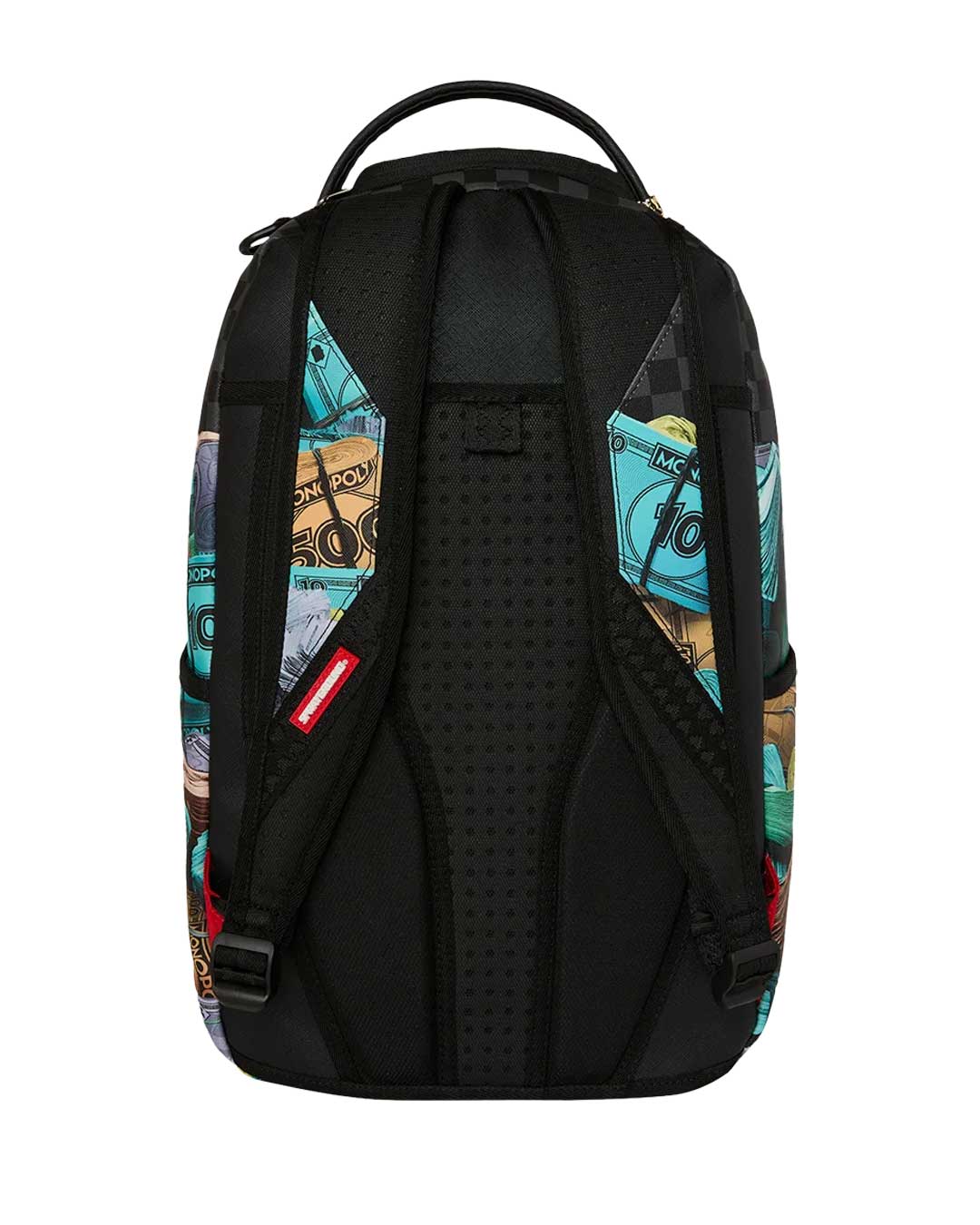 Sprayground Monopoly Money Stacks Backpack, back view showing padded shoulder straps