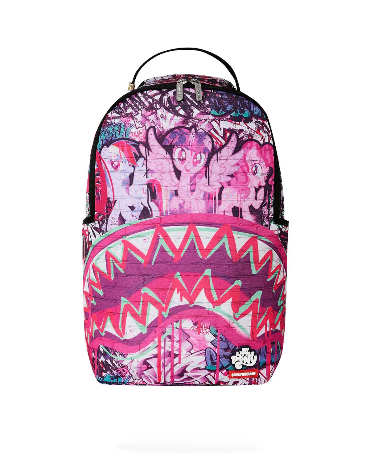 Sprayground My Little Pony Graff Backpack, purple graffiti-wall backpack with spray-painted ponies and red graffiti shark mouth, front view