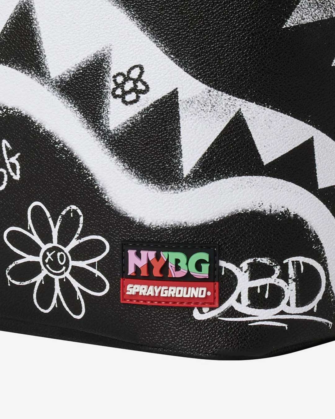 Sprayground NYBG Bronx Vibes Backpack, close-up of the NYBG and Sprayground logo patch